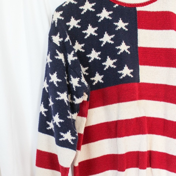 Vintage 80s 100% Cotton Knit Crewneck American Flag Sweater Large - Picture 6 of 7